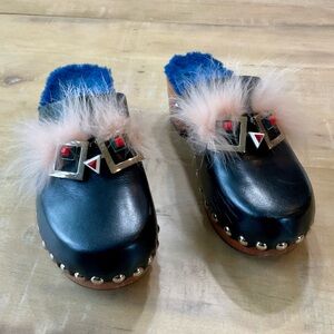 Fendi Black Leather Monster Platform Clogs with Pink Fur Trim and Blue Lining